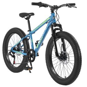 S24109 Elecony 24 Inch Fat Tire Bike Adult/Youth Full Shimano 7 Speeds Mountain Bike, Dual Disc Brake, High-Carbon Steel Frame, Front Suspension, Moun